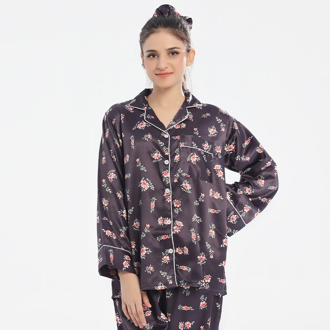 Silk Pajama Suit  with Scrunchie - Dark Fleur