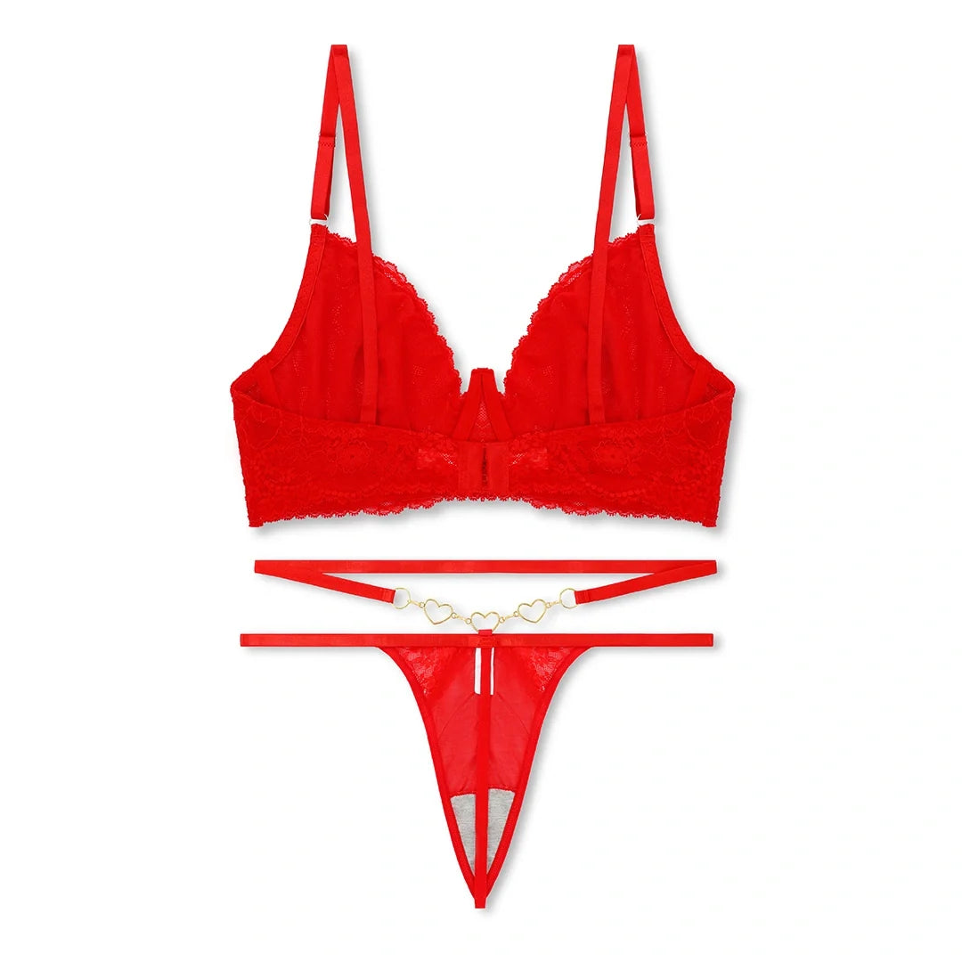 Red Embroidered Non Padded Bra and Panty Set