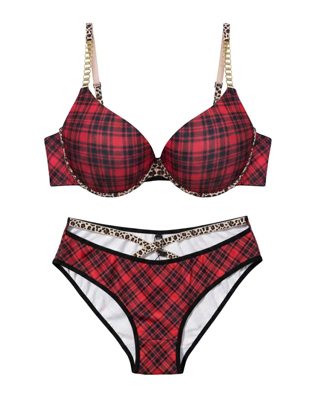 Padded Bra Set - Checked Strap - Red