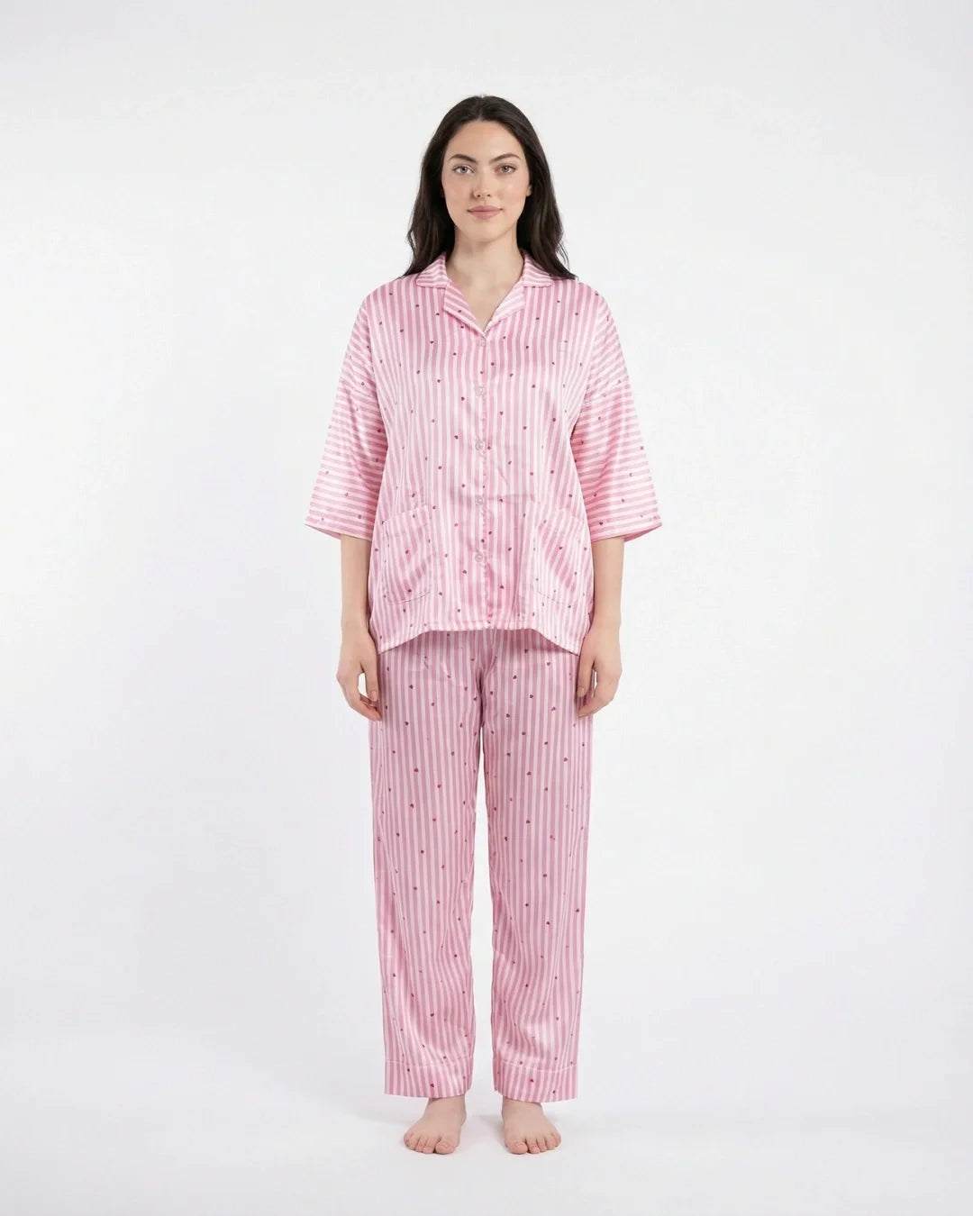 Drop Shoulder Silk Pajama Suit - Dreamy Hearts