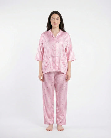 Drop Shoulder Silk Pajama Suit - Dreamy Hearts