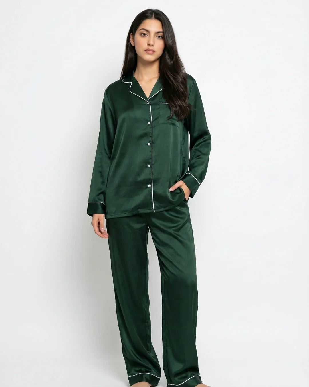 Satin Silk Pajama Suit - Noir - Dark Green