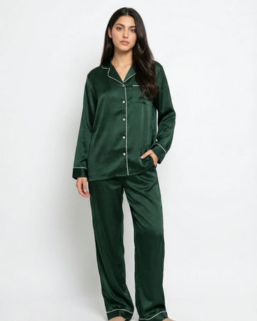 Satin Silk Pajama Suit - Noir - Dark Green