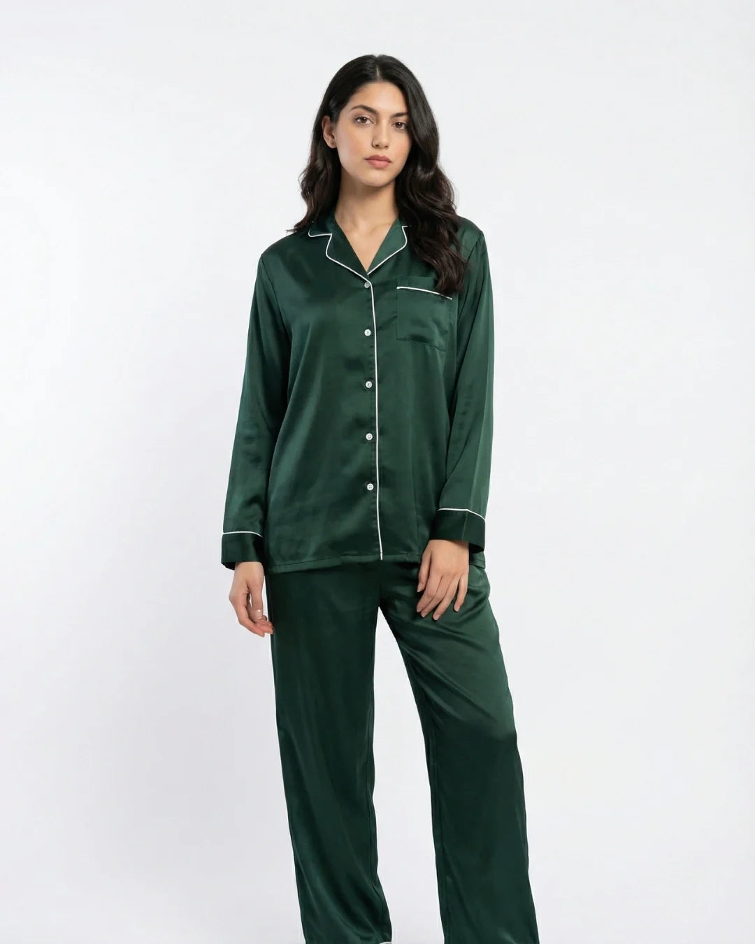 Satin Silk Pajama Suit - Noir - Dark Green