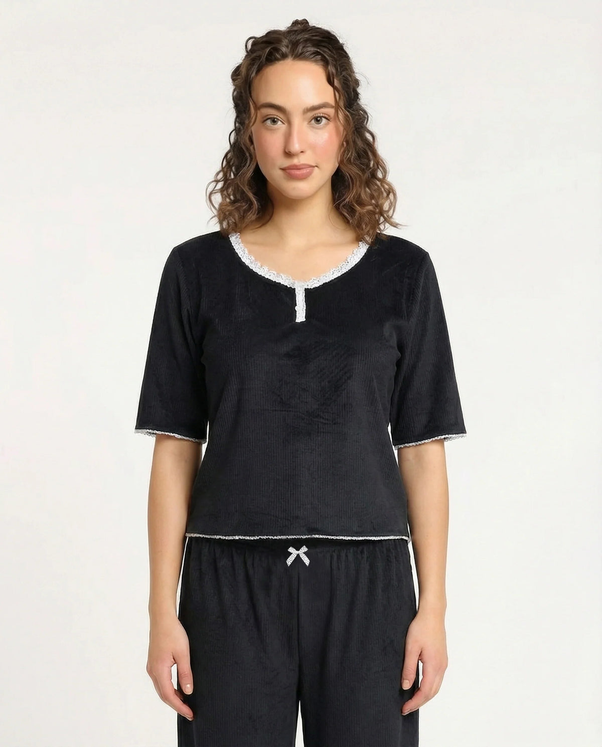 Textured Velvet PJ Set - Classic Lounge - Black