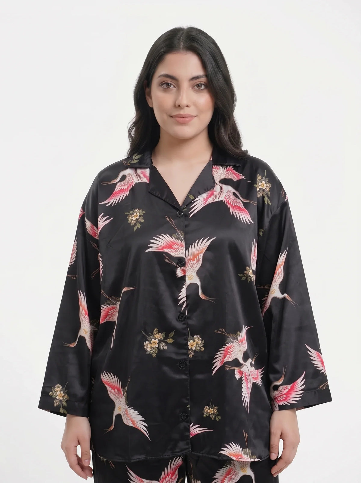 Oversized Silk Pajama Suit - Flamingo - Black