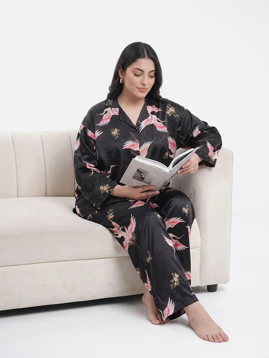 Oversized Silk Pajama Suit - Flamingo - Black
