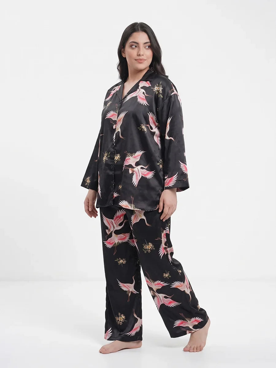 Oversized Silk Pajama Suit - Flamingo - Black