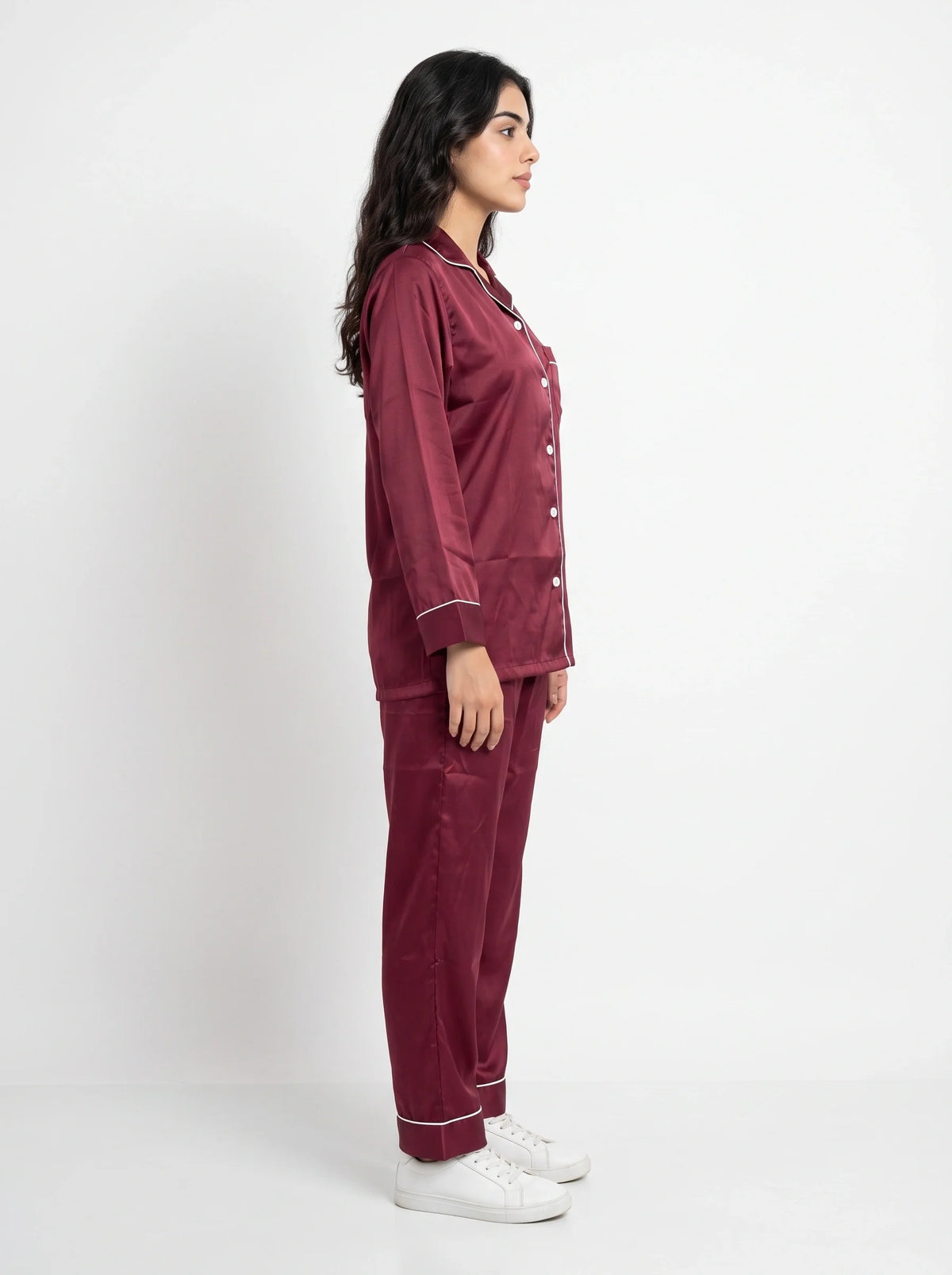 Satin Silk Pajama Suit - Noir - Maroon