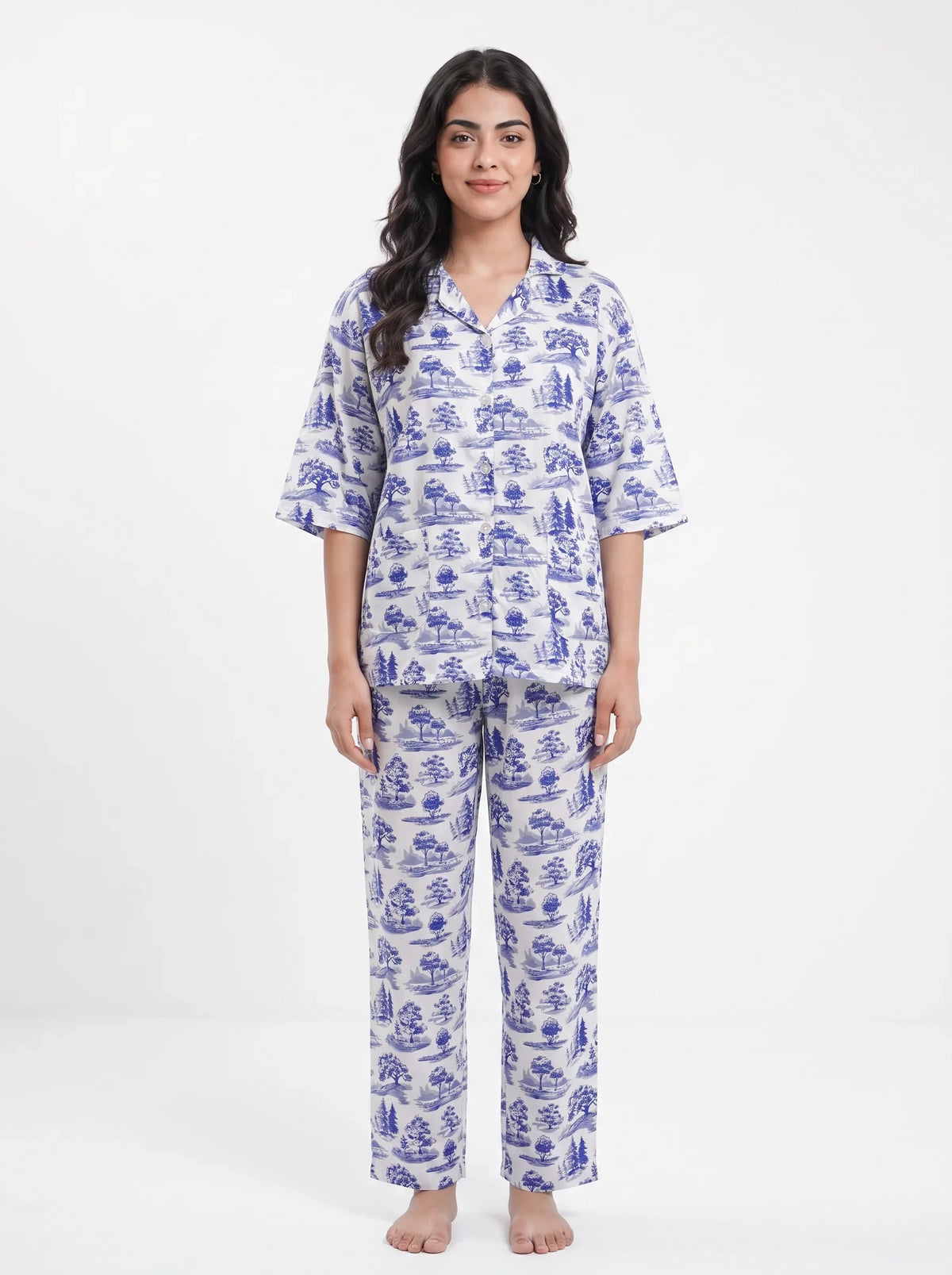 Drop Shoulder Silk Pajama Suit - Blue Meadow