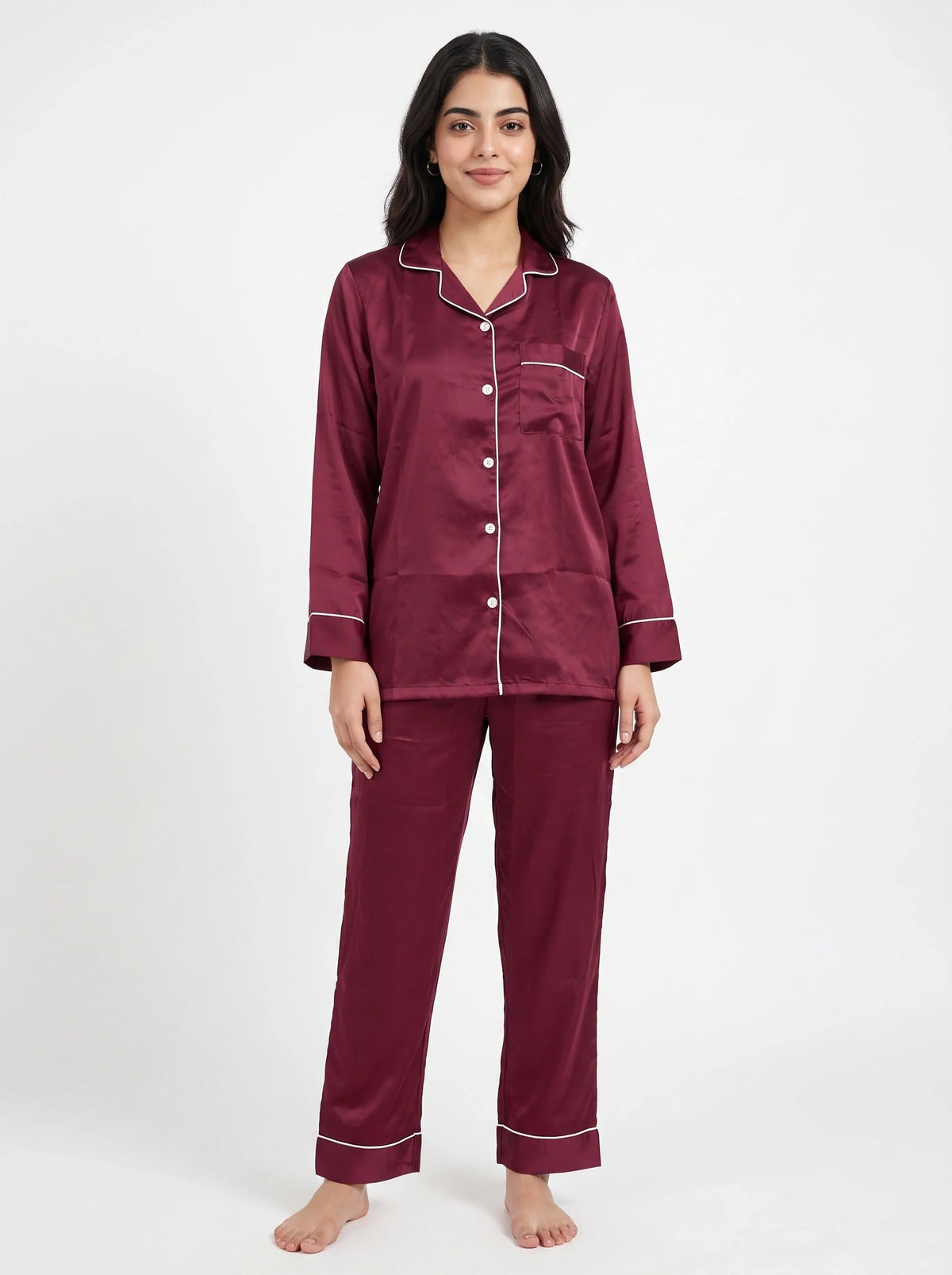 Satin Silk Pajama Suit - Noir - Maroon