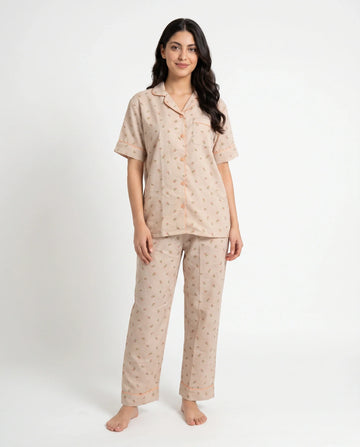 Summer Crinkled Pajama Suit - Flora - Brown