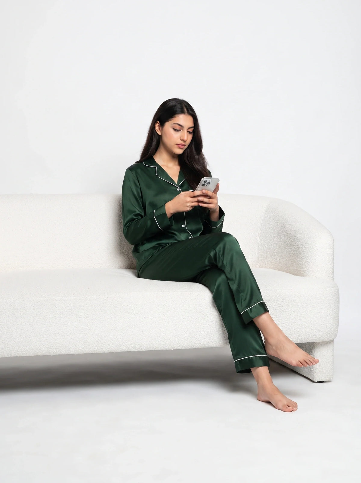 Satin Silk Pajama Suit - Noir - Dark Green