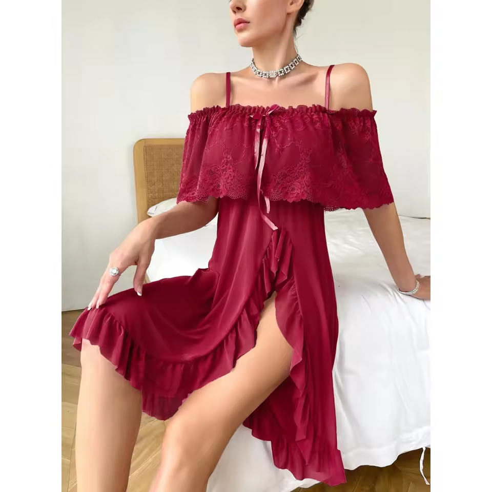 Sexy Lace Babydoll Nightgown Set with Panty – High Split Sleepwear