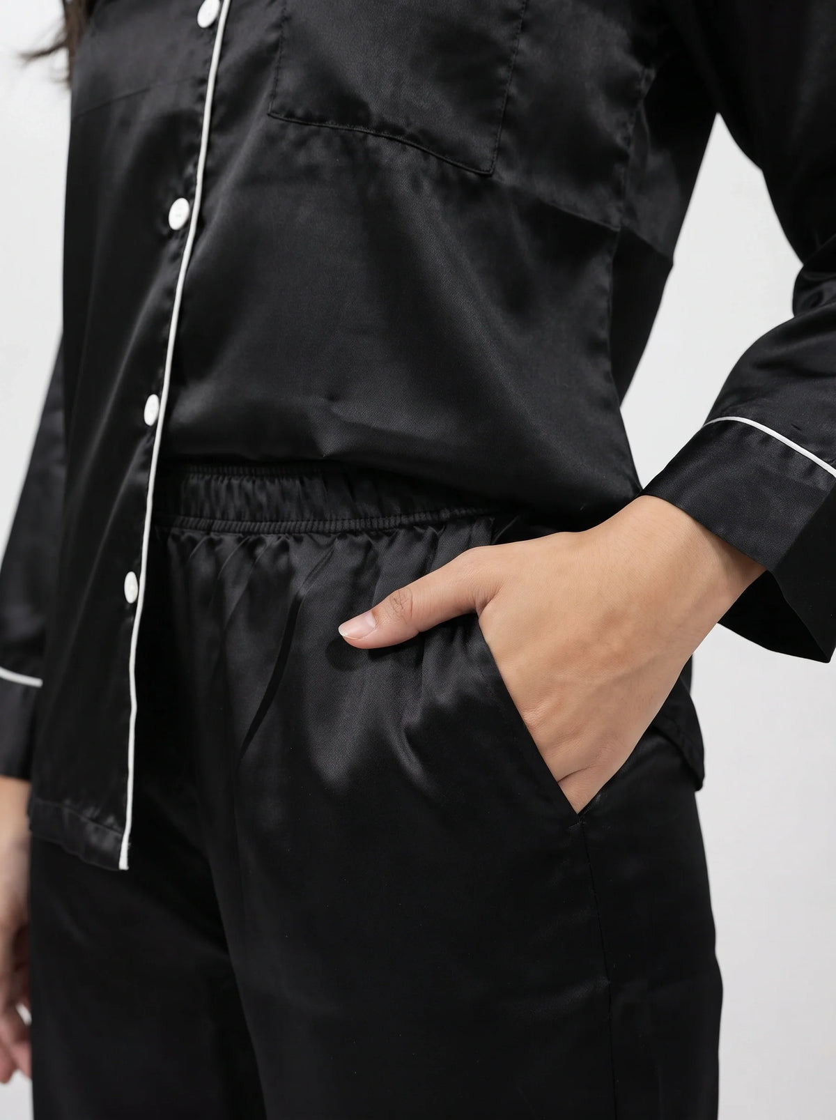 Satin Silk Pajama Suit - Noir - Black