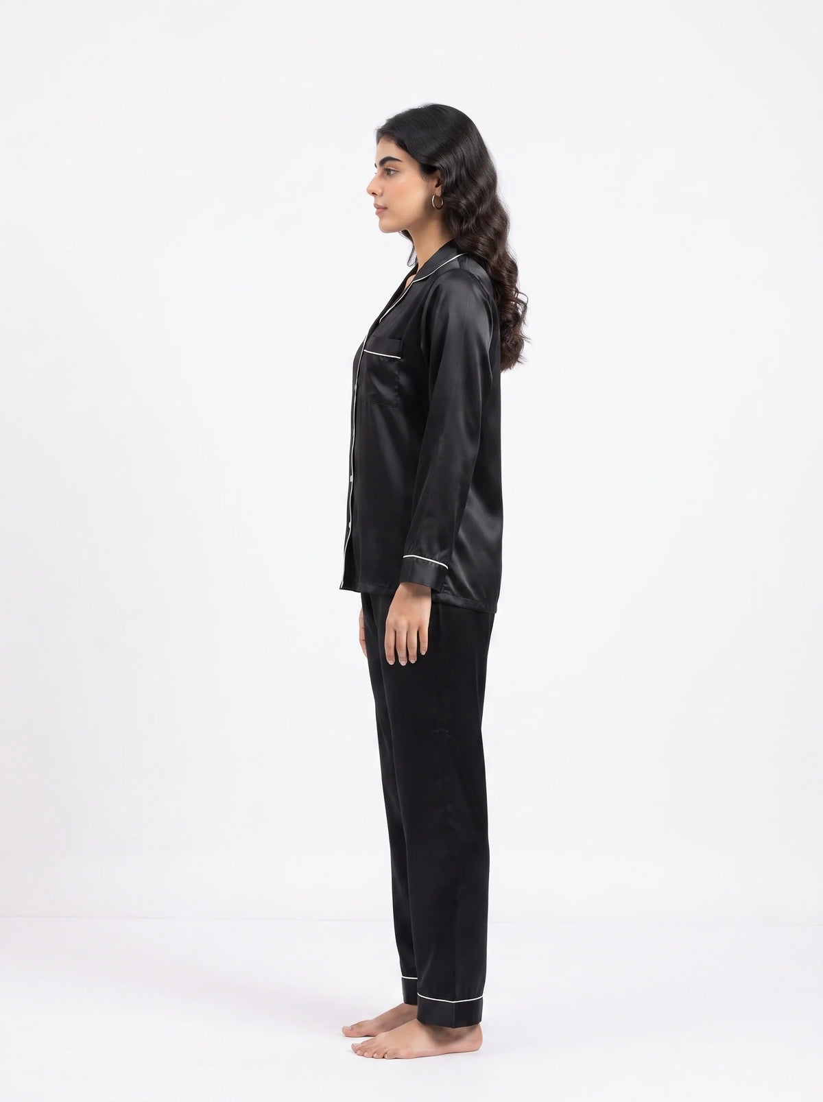 Satin Silk Pajama Suit - Noir - Black