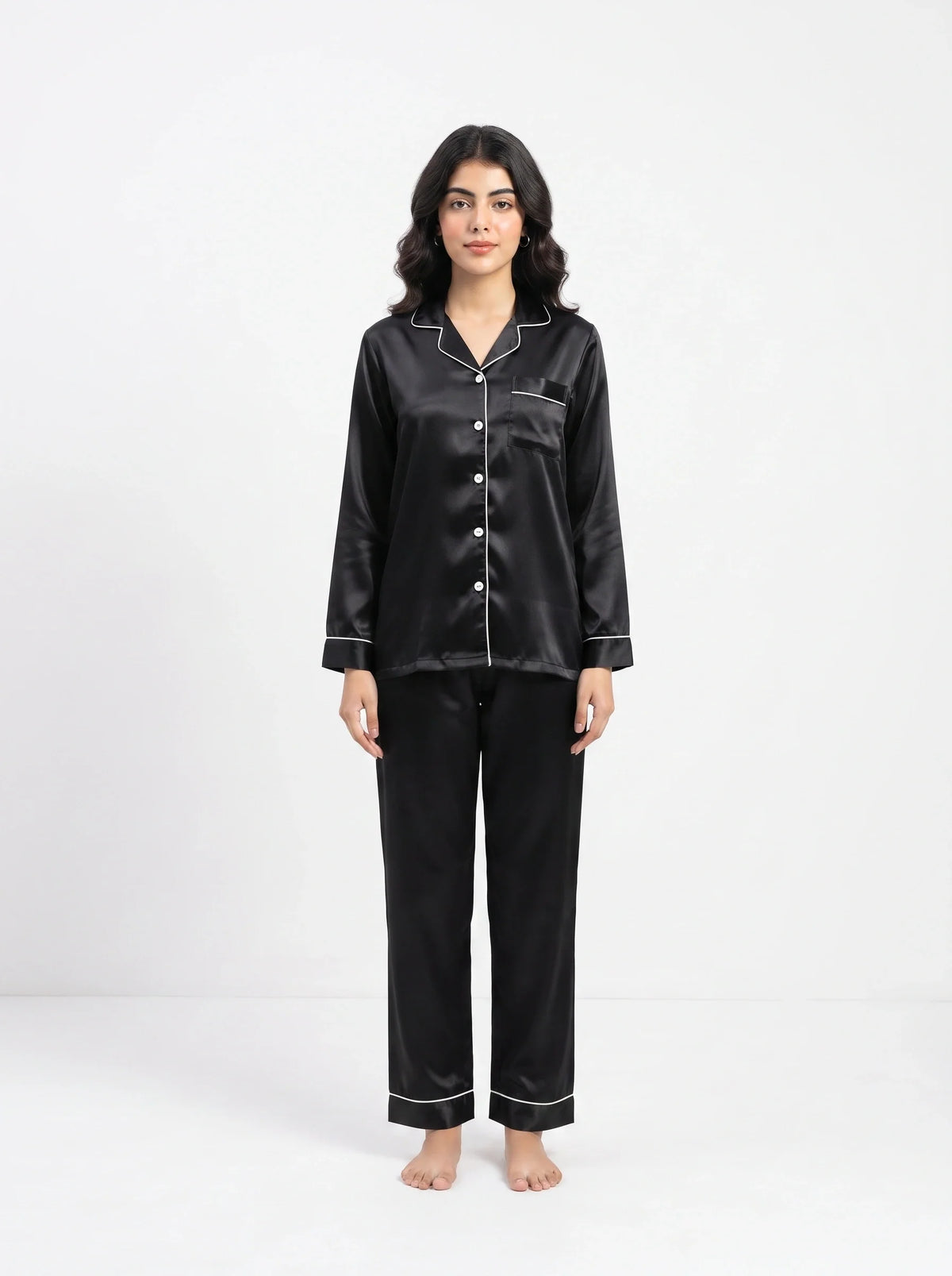 Satin Silk Pajama Suit - Noir - Black