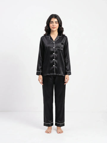 Satin Silk Pajama Suit - Noir - Black