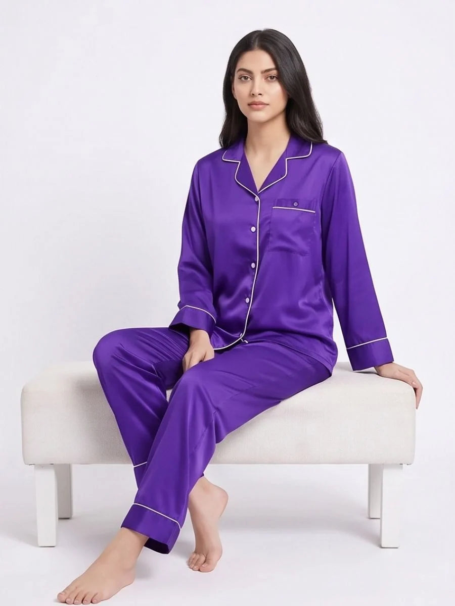 Satin Silk Pajama Suit - Noir - Purple